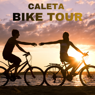 CALETA BIKE TOUR Siluetas de dos ciclistas al atardecer, con texto que dice "Caleta Bike Tour".