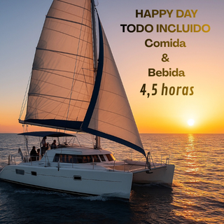 HAPPY DAY CATAMARAN Catamarán navega al atardecer con texto sobre un día todo incluido de 4,5 horas.